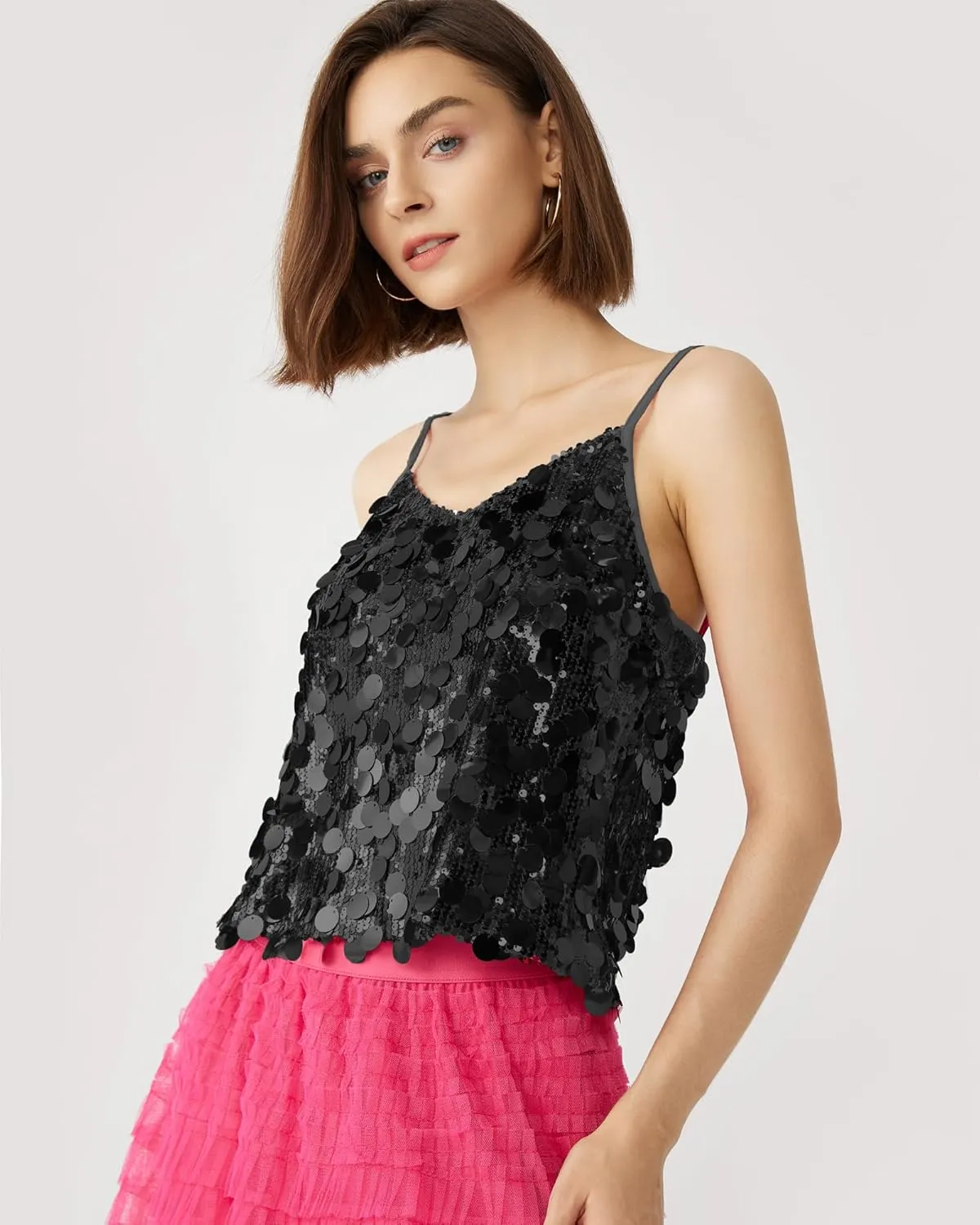 Women's Sequin Tops - V-Neck Sparkle Tank Tops - Spaghetti Strap Shimmer Camisole Party Club Cocktail Cami