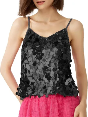 Women's Sequin Tops - V-Neck Sparkle Tank Tops - Spaghetti Strap Shimmer Camisole Party Club Cocktail Cami