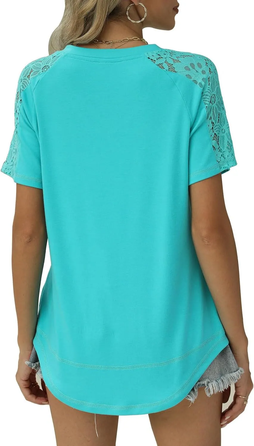 Womens Shirts Spring Summer Plus Size Blouses for Women Tops V Neck Lace Short Sleeve Tees