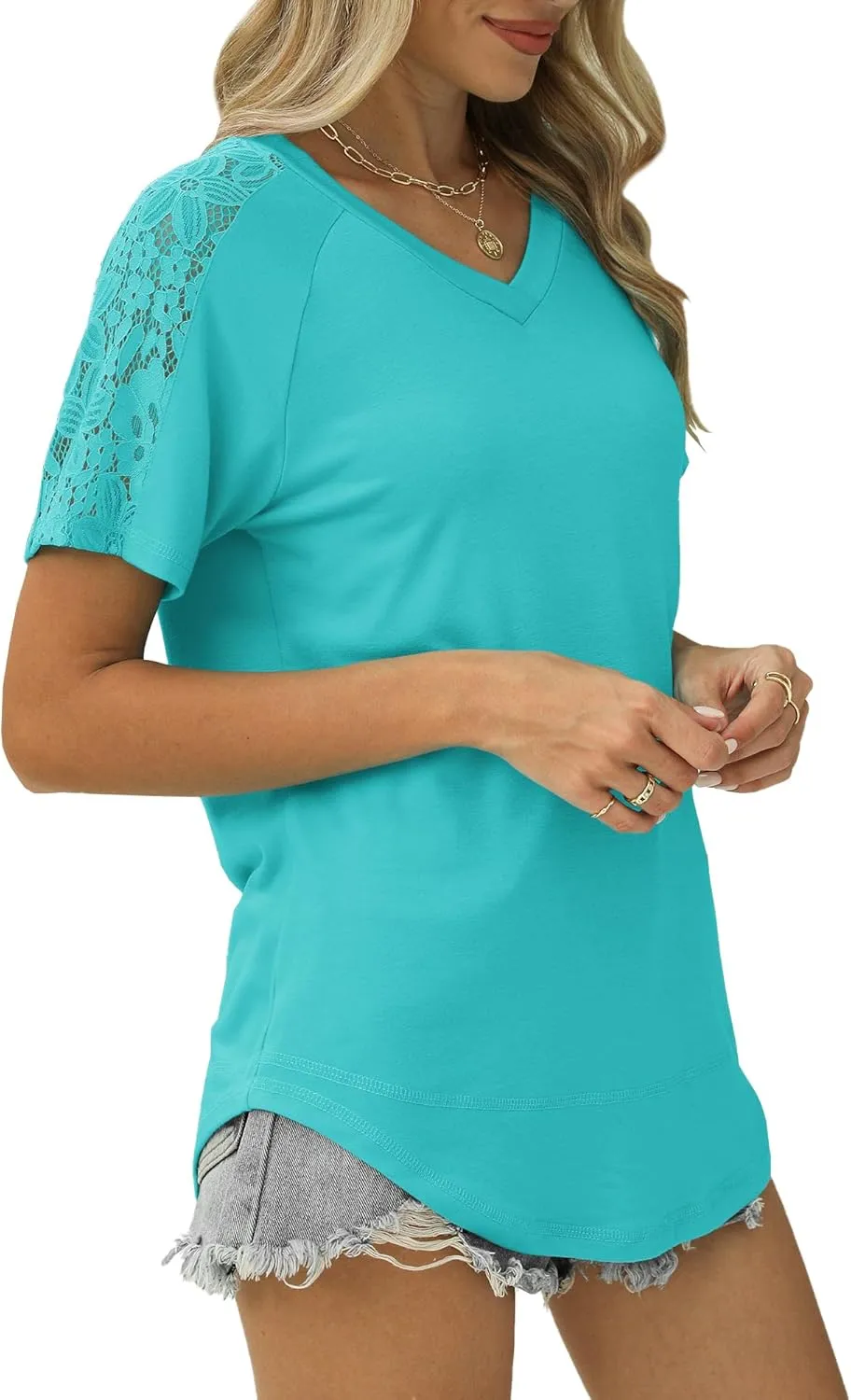 Womens Shirts Spring Summer Plus Size Blouses for Women Tops V Neck Lace Short Sleeve Tees