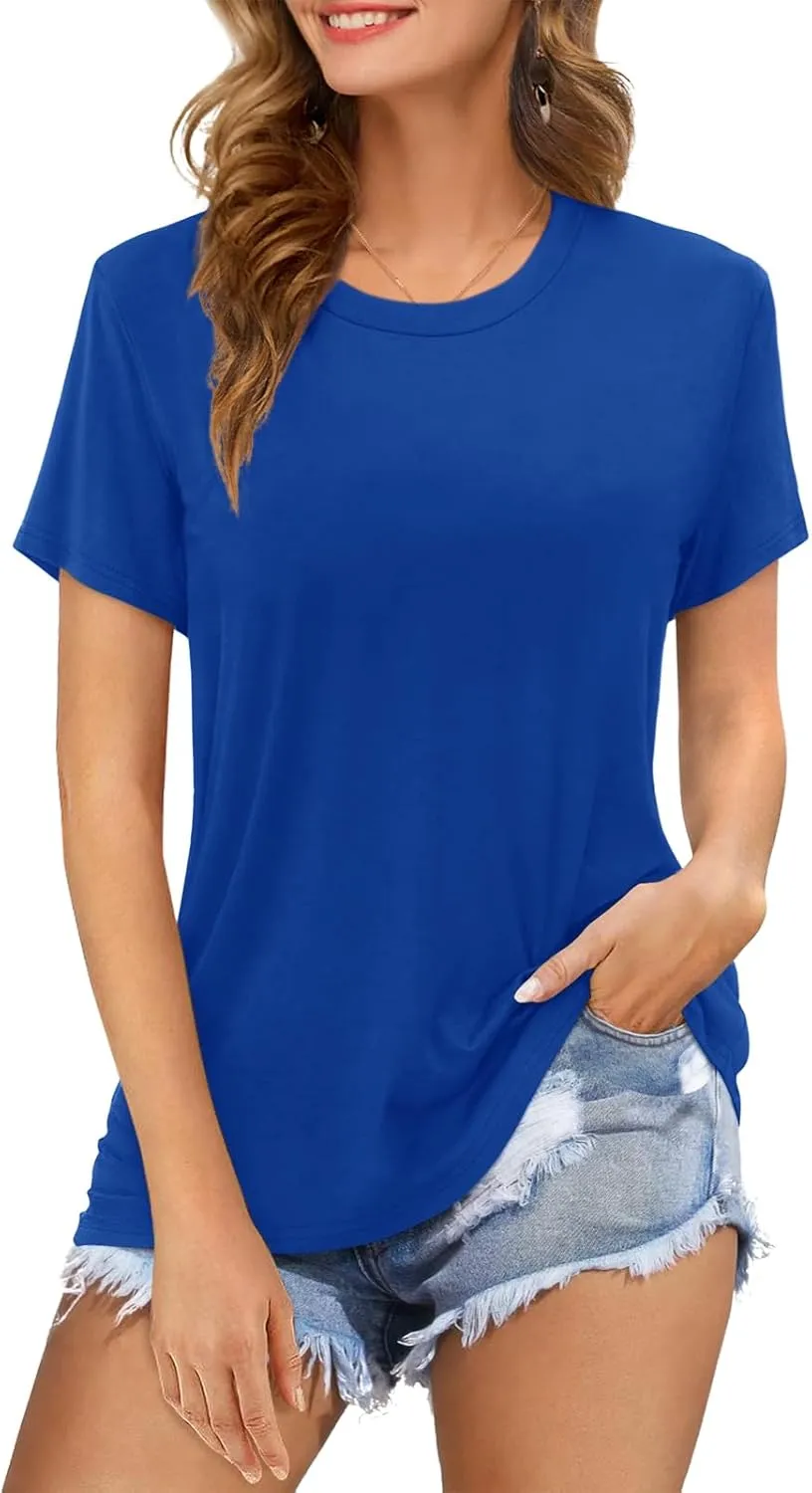 Womens Short Sleeve T Shirts Crewneck Summer Trendy Solid Basic Tee Tops Casual Summer Loose Fit Shirts