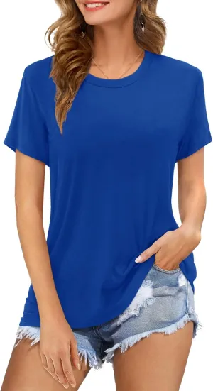 Womens Short Sleeve T Shirts Crewneck Summer Trendy Solid Basic Tee Tops Casual Summer Loose Fit Shirts