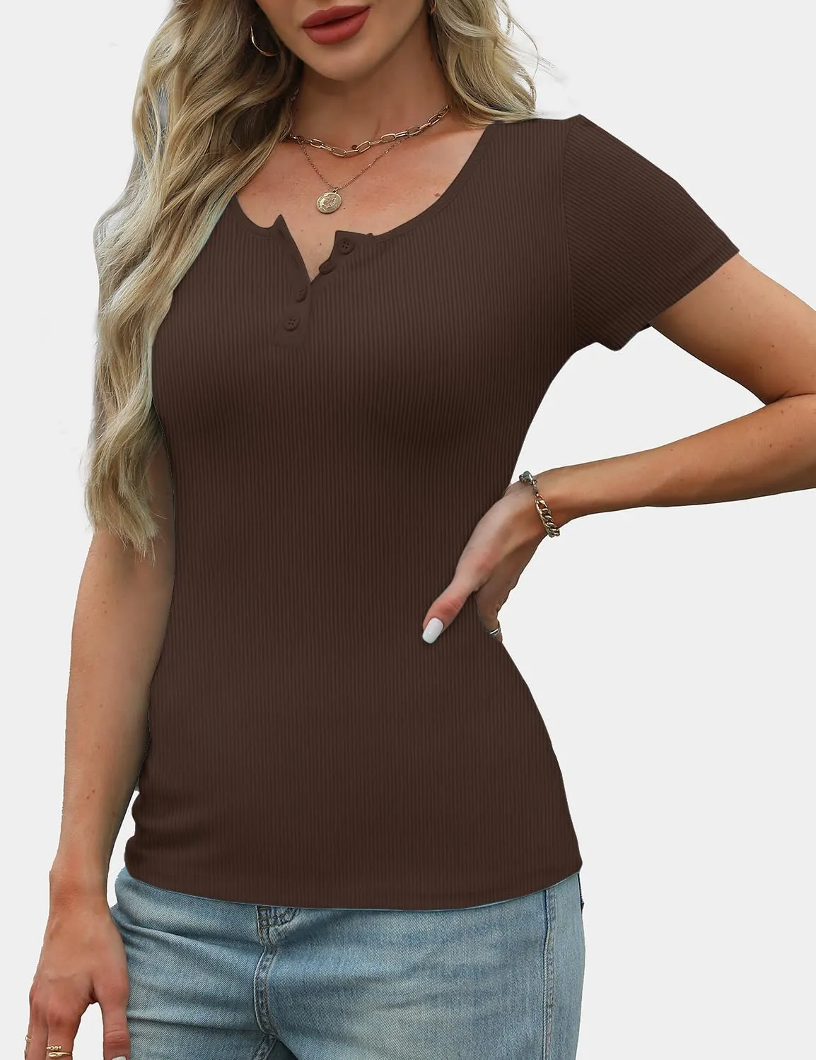 Women's Short Sleeve Tops Ribbed Casual Button Up Henley Shirts Scoop Neck Fitted Cute 2025 Summer Basic Tee Tshirts