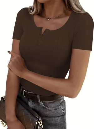 Women's Short Sleeve Tops Ribbed Casual Button Up Henley Shirts Scoop Neck Fitted Cute 2025 Summer Basic Tee Tshirts