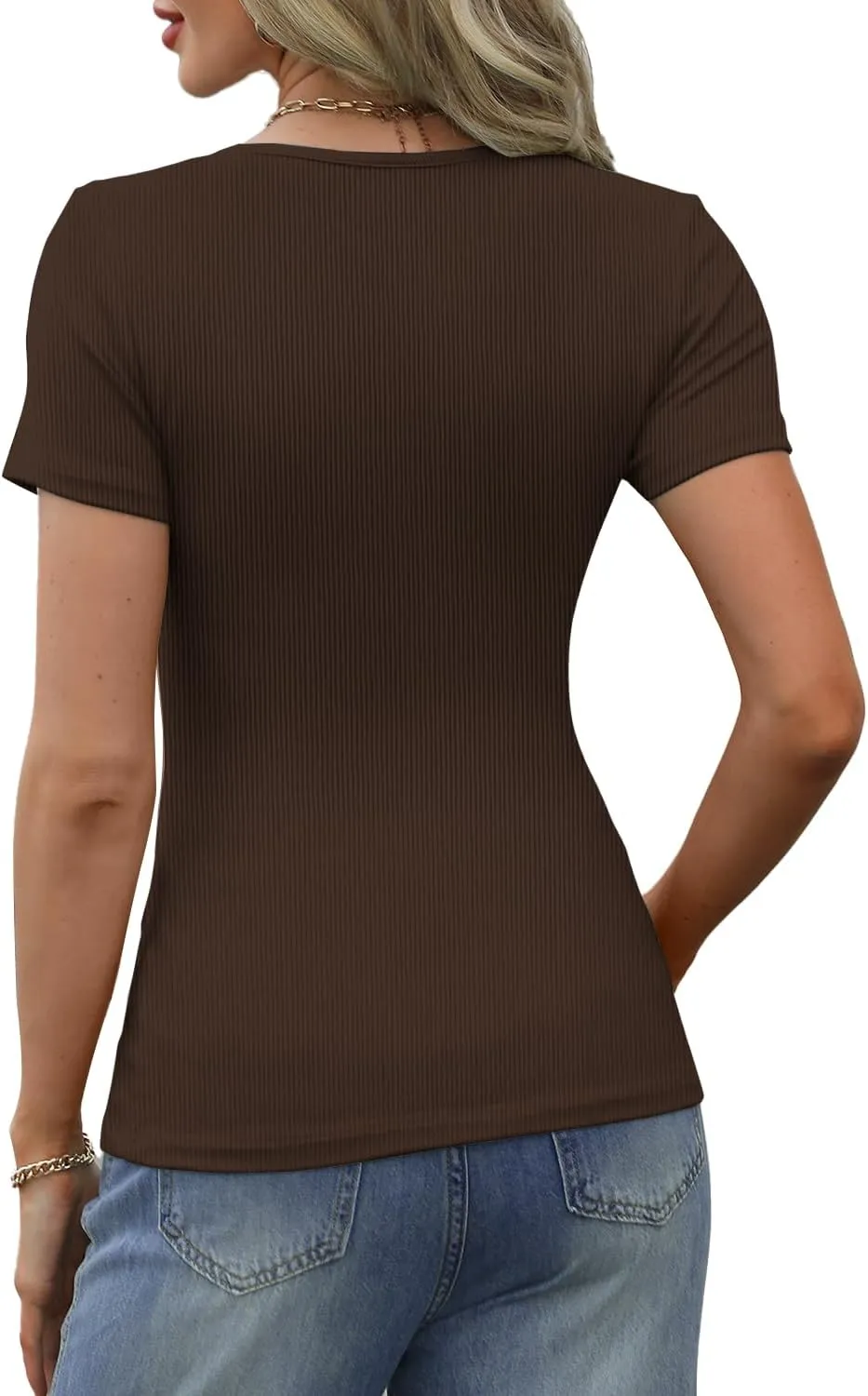 Women's Short Sleeve Tops Ribbed Casual Button Up Henley Shirts Scoop Neck Fitted Cute 2025 Summer Basic Tee Tshirts