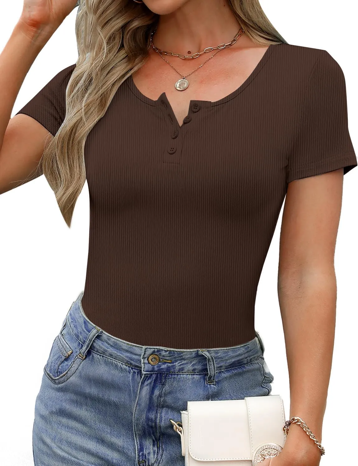 Women's Short Sleeve Tops Ribbed Casual Button Up Henley Shirts Scoop Neck Fitted Cute 2025 Summer Basic Tee Tshirts