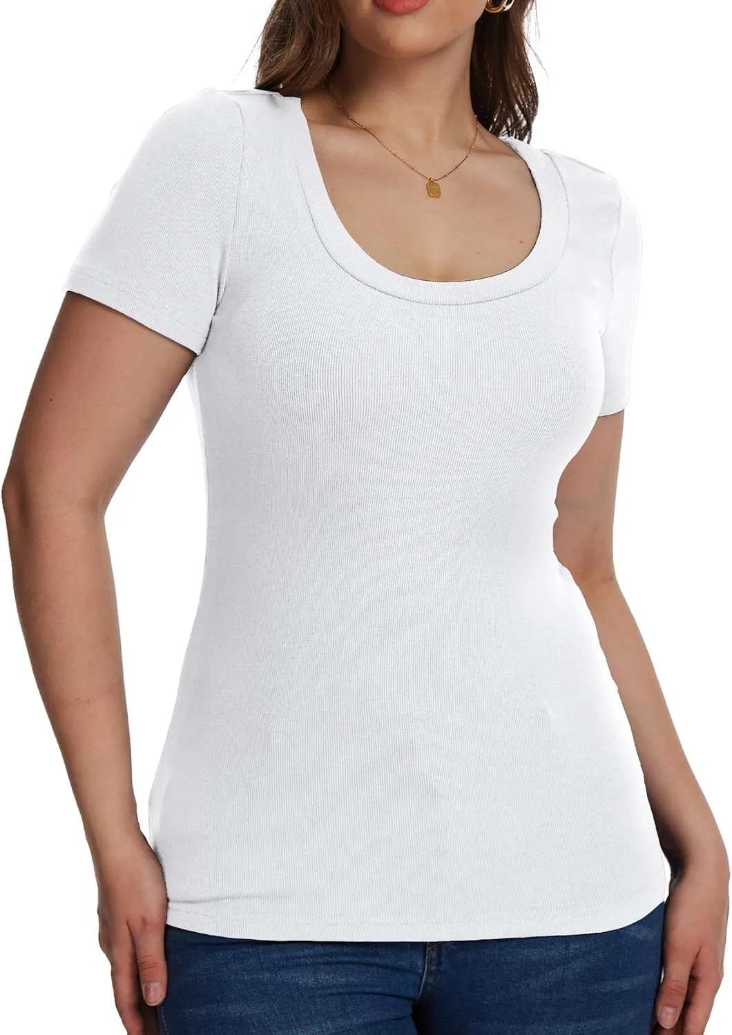 Womens Short Sleeve Tops Scoop Neck Ribbed Casual Basic Tee Spring Summer Shirts Slim Fitted 2025 Trendy Outfits