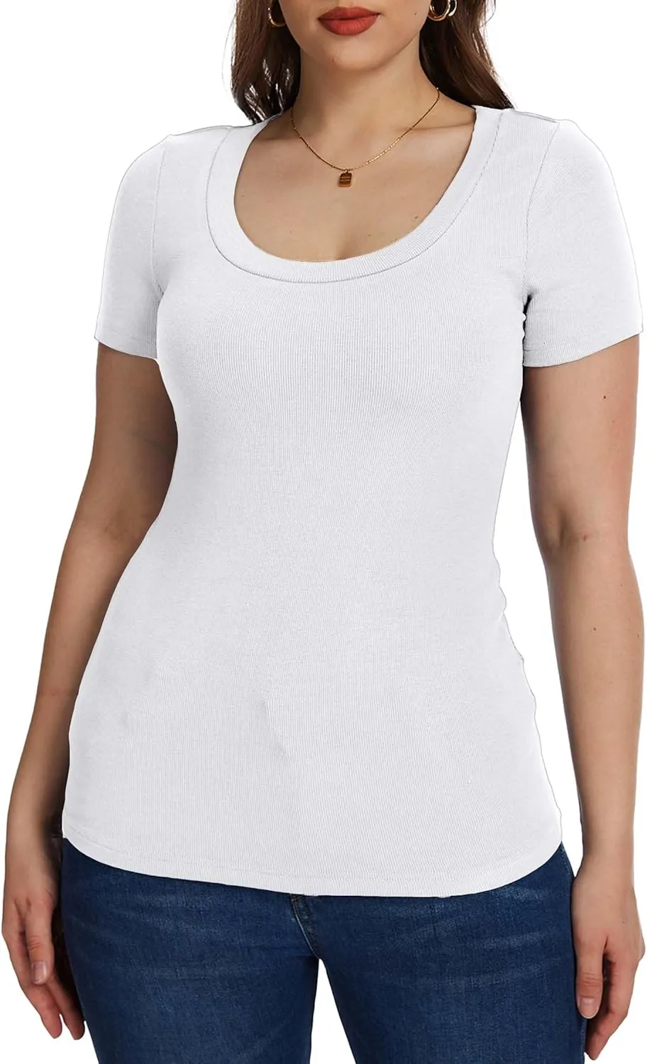 Womens Short Sleeve Tops Scoop Neck Ribbed Casual Basic Tee Spring Summer Shirts Slim Fitted 2025 Trendy Outfits