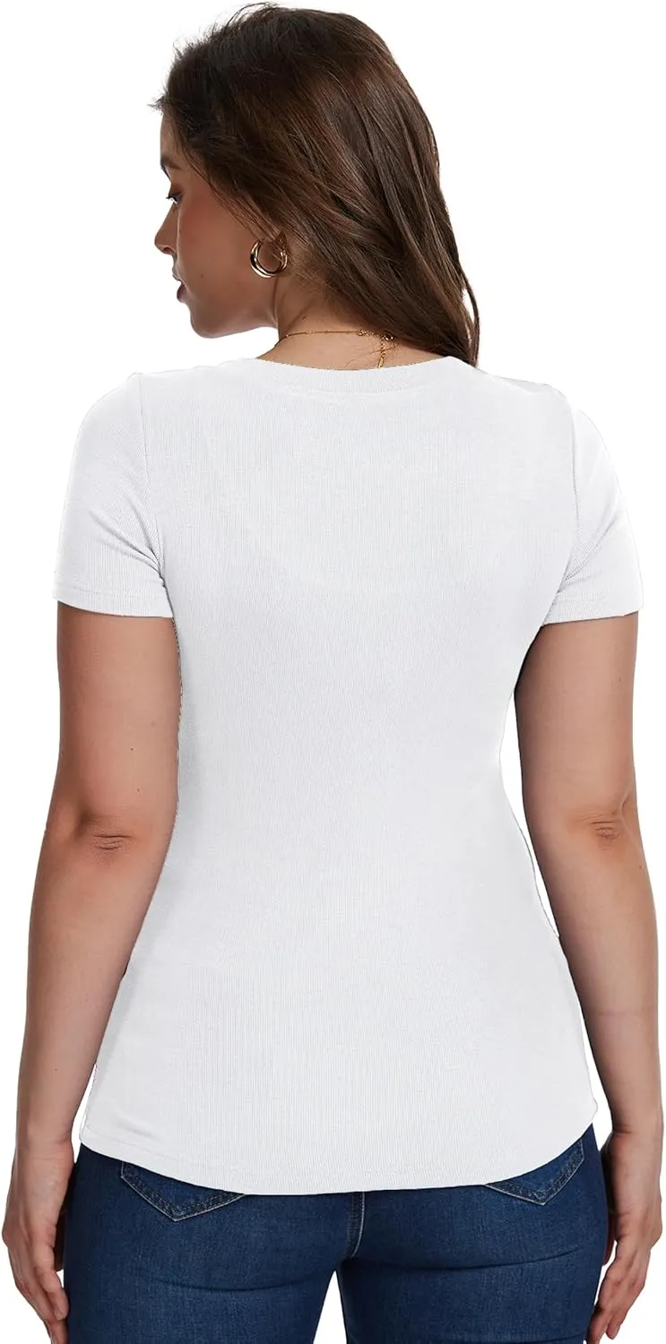 Womens Short Sleeve Tops Scoop Neck Ribbed Casual Basic Tee Spring Summer Shirts Slim Fitted 2025 Trendy Outfits