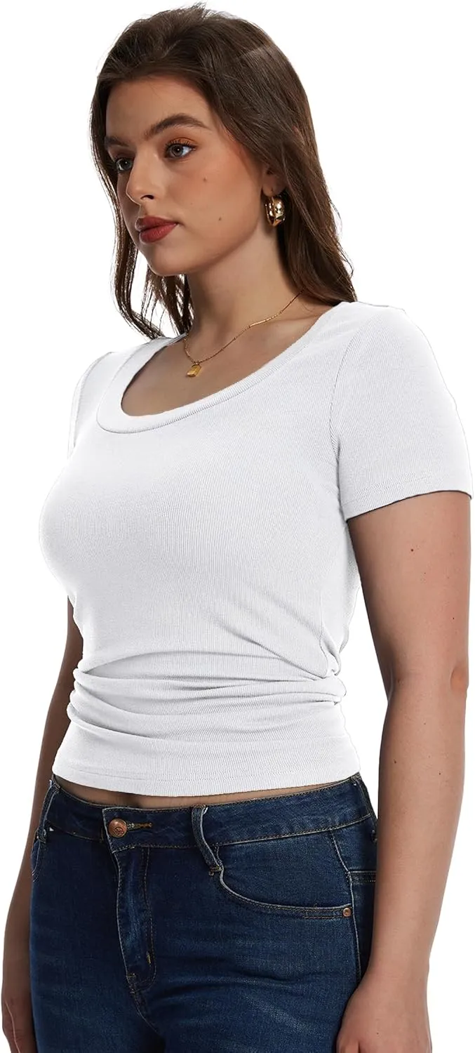 Womens Short Sleeve Tops Scoop Neck Ribbed Casual Basic Tee Spring Summer Shirts Slim Fitted 2025 Trendy Outfits