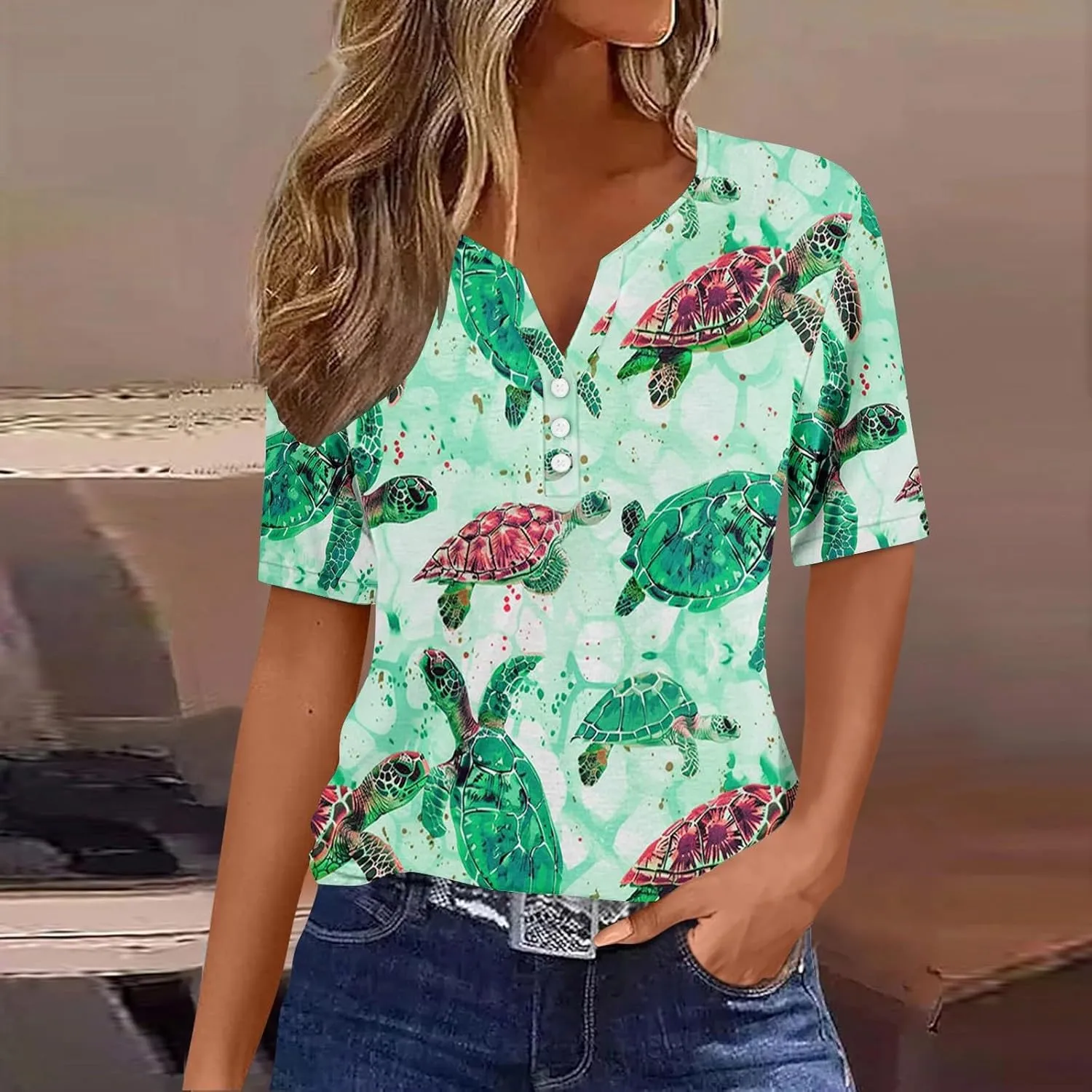 Womens Short Sleeve Tops Summer Fashion Animal Print T Shirt Casual V Neck Button Blouses Sea Turtle Graphic Tees