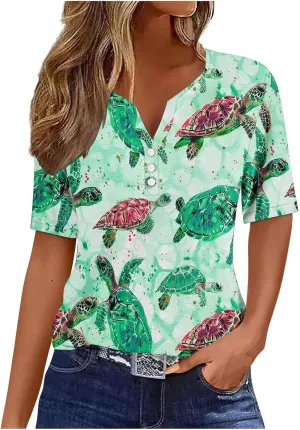 Womens Short Sleeve Tops Summer Fashion Animal Print T Shirt Casual V Neck Button Blouses Sea Turtle Graphic Tees