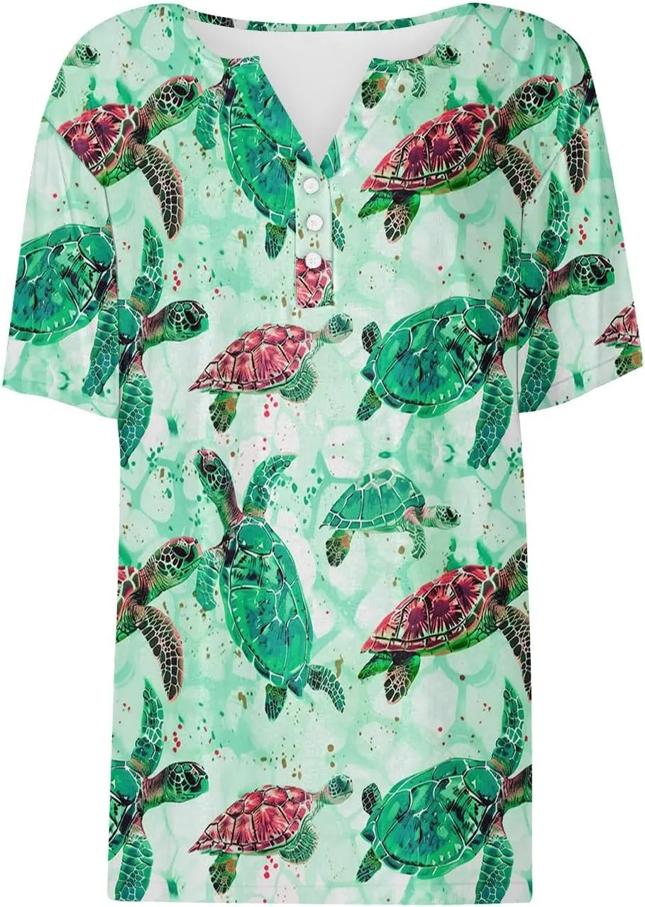 Womens Short Sleeve Tops Summer Fashion Animal Print T Shirt Casual V Neck Button Blouses Sea Turtle Graphic Tees