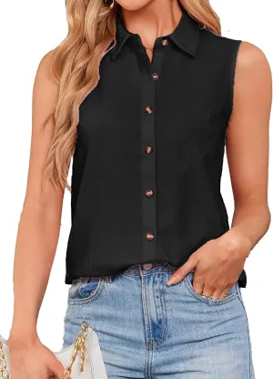 Womens Sleeveless Button Down Shirts Cotton Linen Blouses Solid Color V Neck Casual Work Tank Tops