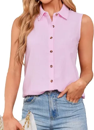 Womens Sleeveless Button Down Shirts Cotton Linen Blouses Solid Color V Neck Casual Work Tank Tops