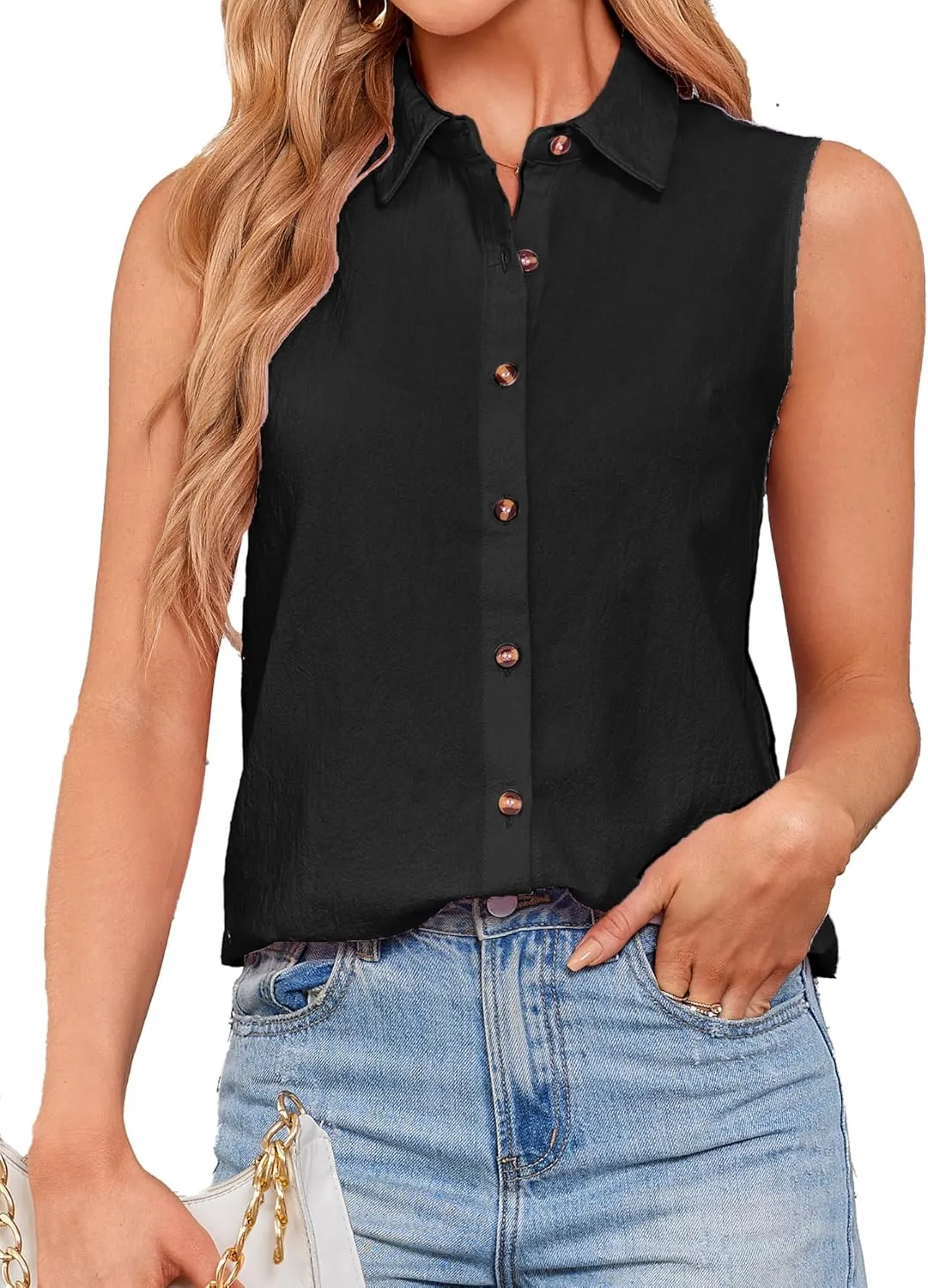 Womens Sleeveless Button Down Shirts Cotton Linen Blouses Solid Color V Neck Casual Work Tank Tops