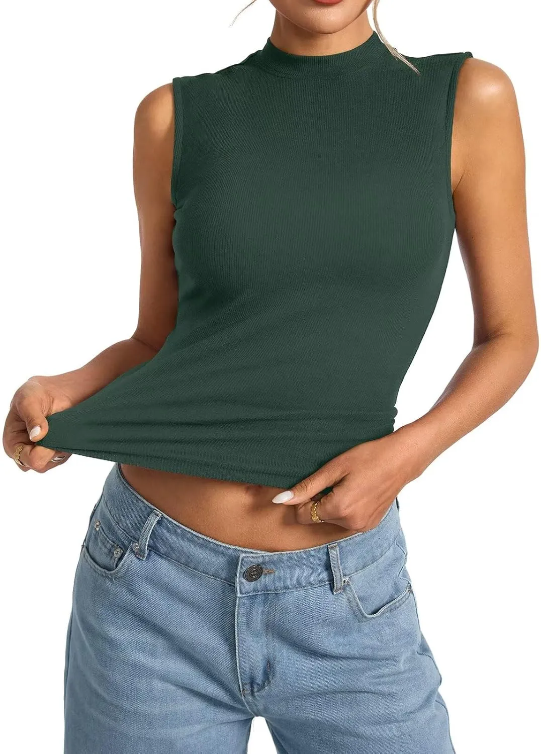 Women's Sleeveless Mock Turtle Neck Tops Fitted Ribbed Tank Top Basic Summer Shirts Spring Outfits 2025