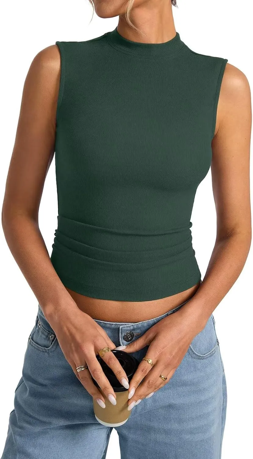 Women's Sleeveless Mock Turtle Neck Tops Fitted Ribbed Tank Top Basic Summer Shirts Spring Outfits 2025