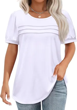 Womens Summer Short Sleeve Tops Pleated Shirts Crewneck Outfit Puff Sleeve Blouses Casual Tunic Blue Flower