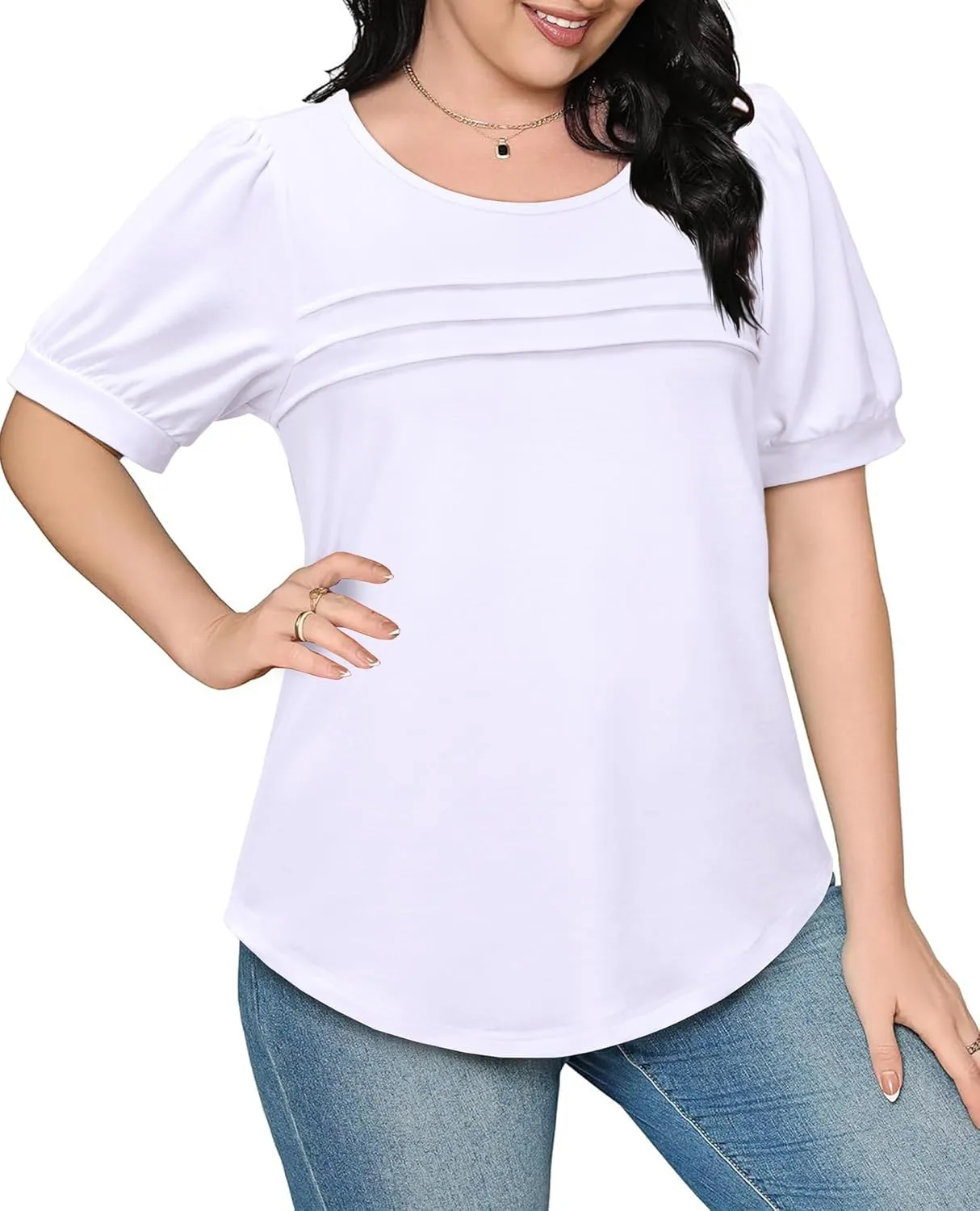Womens Summer Short Sleeve Tops Pleated Shirts Crewneck Outfit Puff Sleeve Blouses Casual Tunic Blue Flower