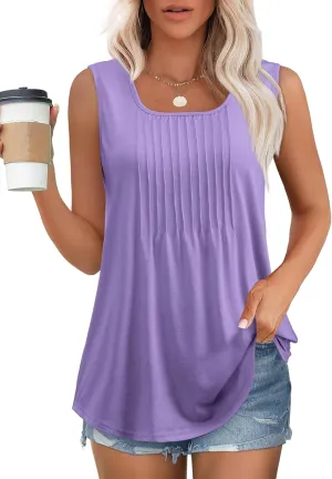 Women's Summer Tank Tops Square Neck Dressy Casual Sleeveless Blouses Plus Scooped Neck Pleated Work Shirts