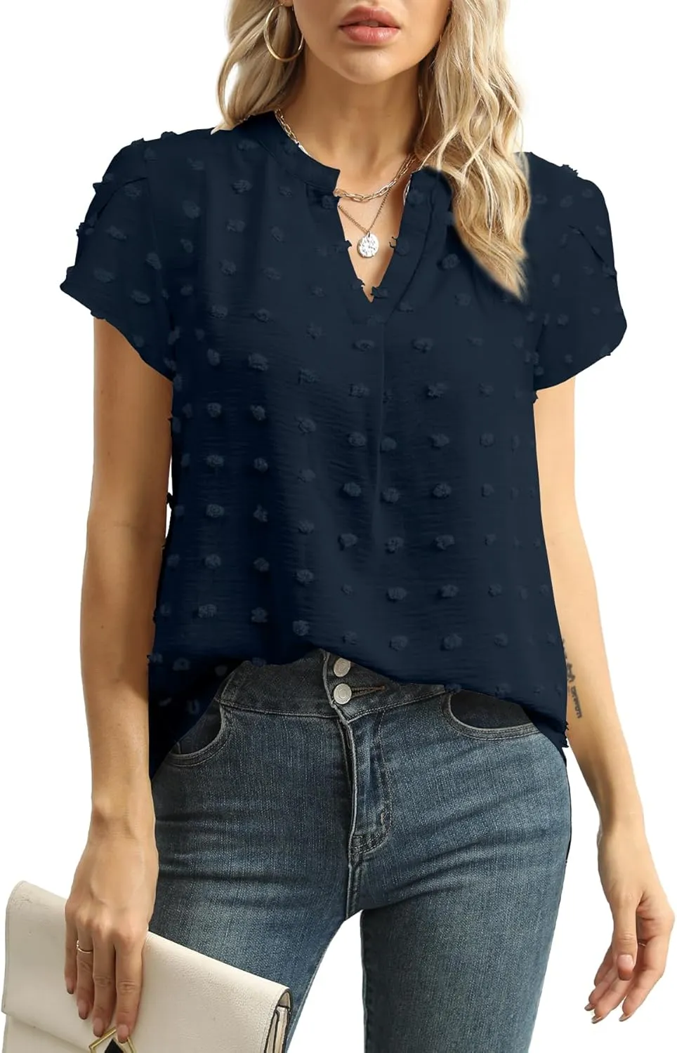 Womens Summer Tops Casual V Neck T Shirts Petal Short Sleeve Blouses Dressy Loose Fit Tunic