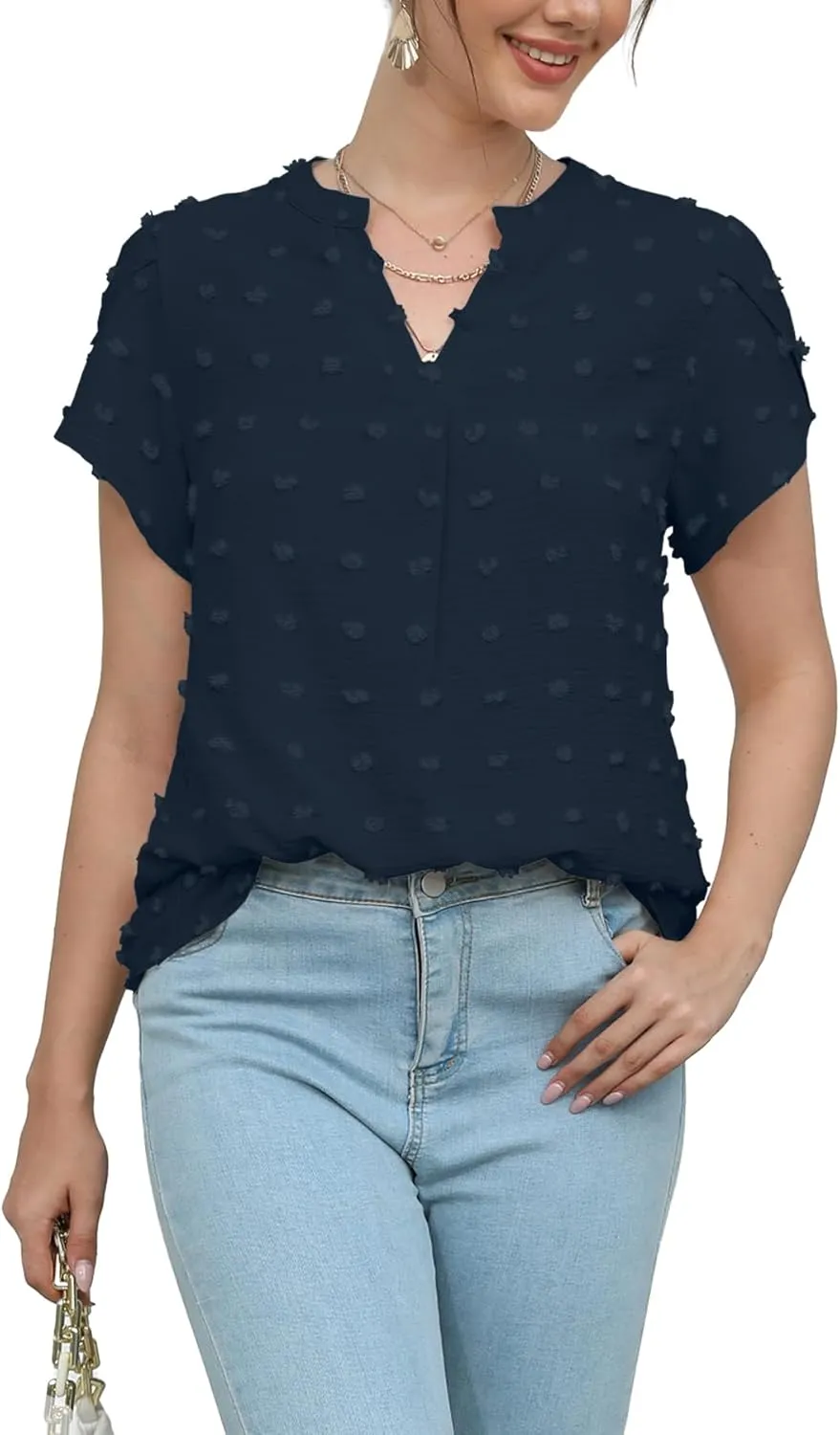 Womens Summer Tops Casual V Neck T Shirts Petal Short Sleeve Blouses Dressy Loose Fit Tunic