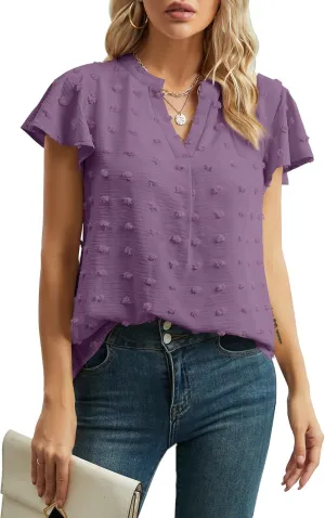 Womens Summer Tops Casual V Neck T Shirts Ruffle Short Sleeve Blouses Dressy Loose Fit Tunic
