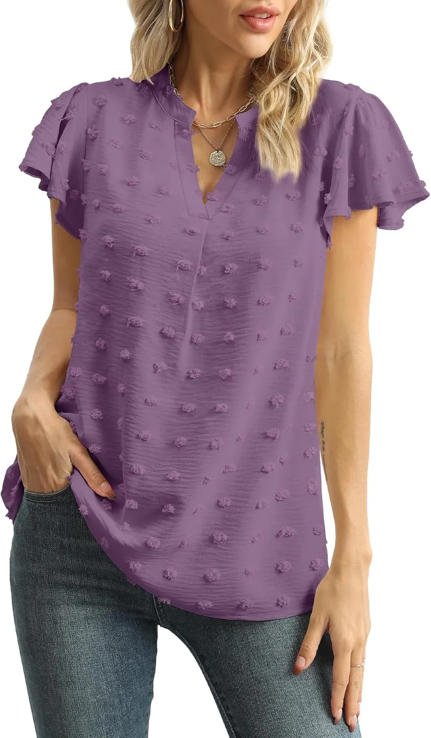 Womens Summer Tops Casual V Neck T Shirts Ruffle Short Sleeve Blouses Dressy Loose Fit Tunic