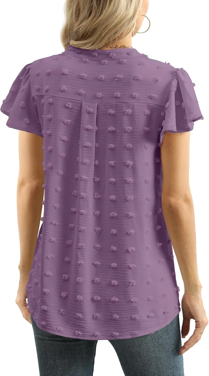 Womens Summer Tops Casual V Neck T Shirts Ruffle Short Sleeve Blouses Dressy Loose Fit Tunic