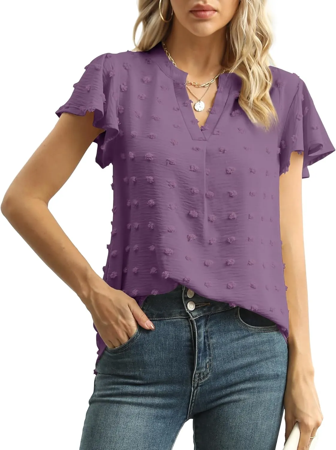 Womens Summer Tops Casual V Neck T Shirts Ruffle Short Sleeve Blouses Dressy Loose Fit Tunic