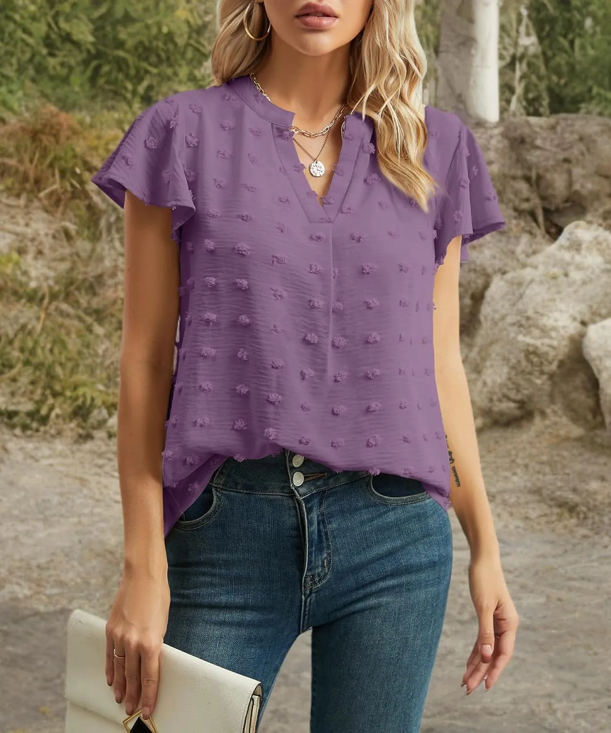 Womens Summer Tops Casual V Neck T Shirts Ruffle Short Sleeve Blouses Dressy Loose Fit Tunic