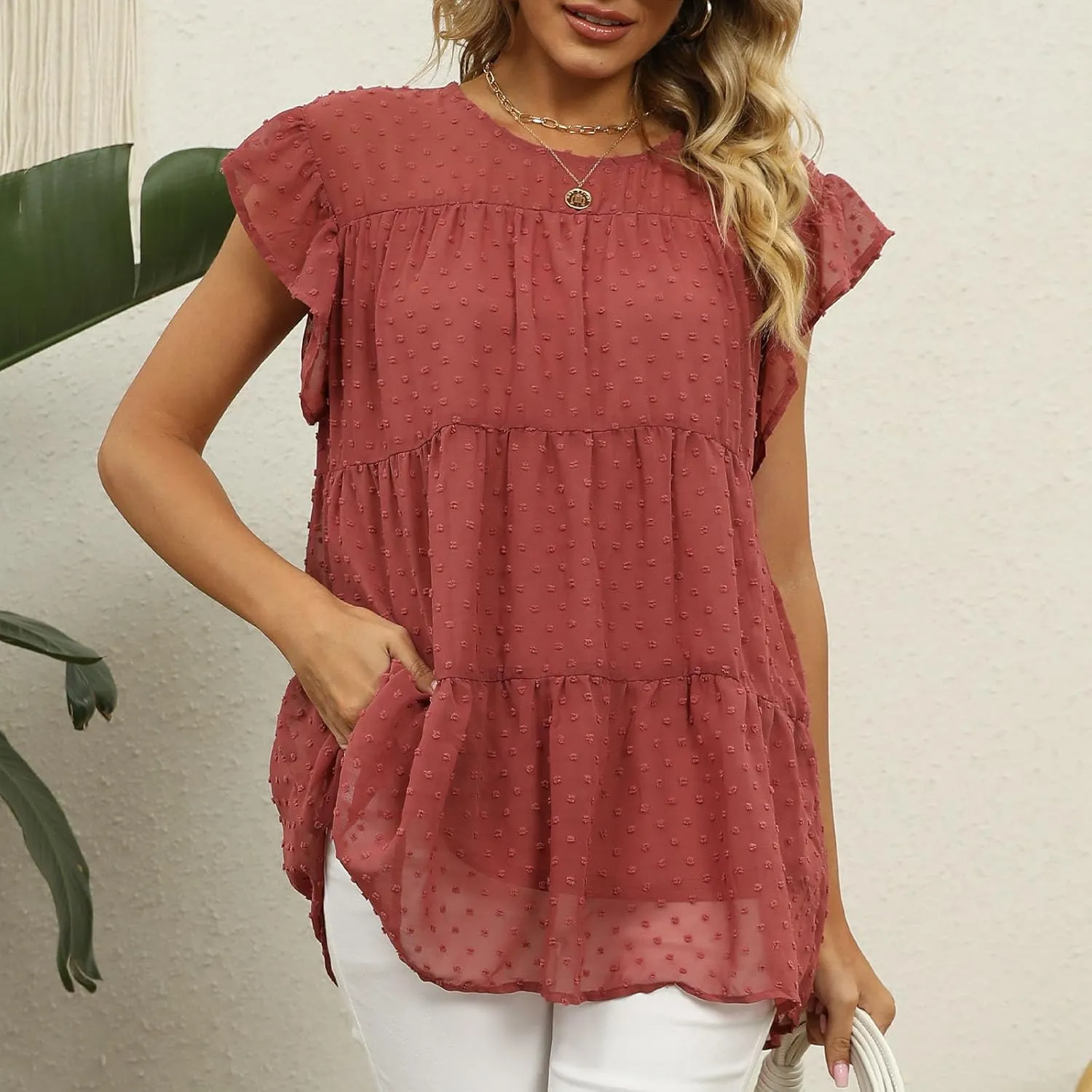 Womens Summer Tops Dressy Casual Short Sleeve Crewneck Ruffle T Shirts Fashion Sexy Skirts Cute Going Out Blouses