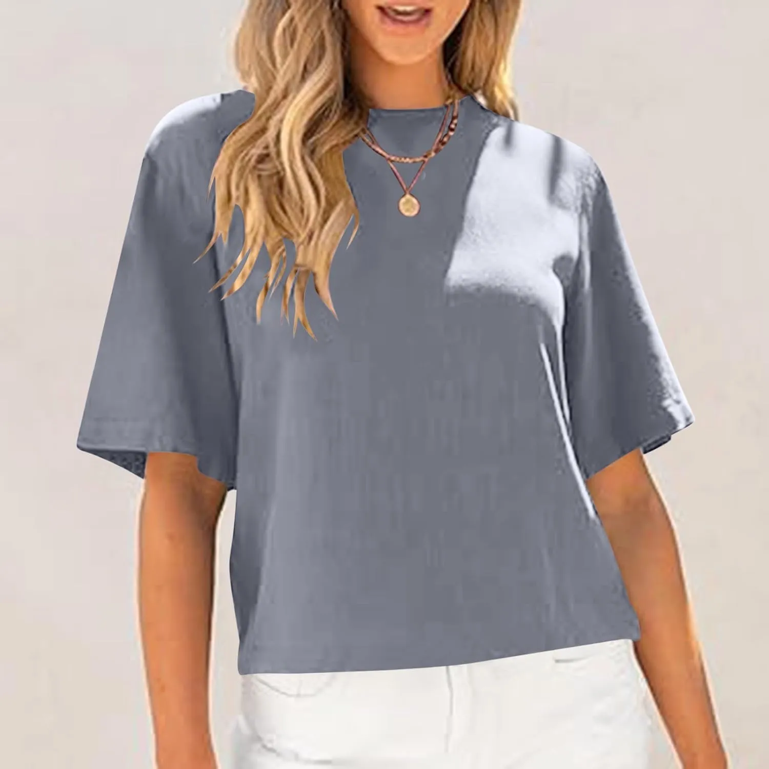 Womens Summer Tops Short Sleeve Trendy Crop Drop Shoulder Half Sleeve T Shirts Daily Workout Loose Casual Blouses