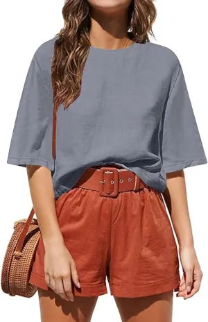Womens Summer Tops Short Sleeve Trendy Crop Drop Shoulder Half Sleeve T Shirts Daily Workout Loose Casual Blouses