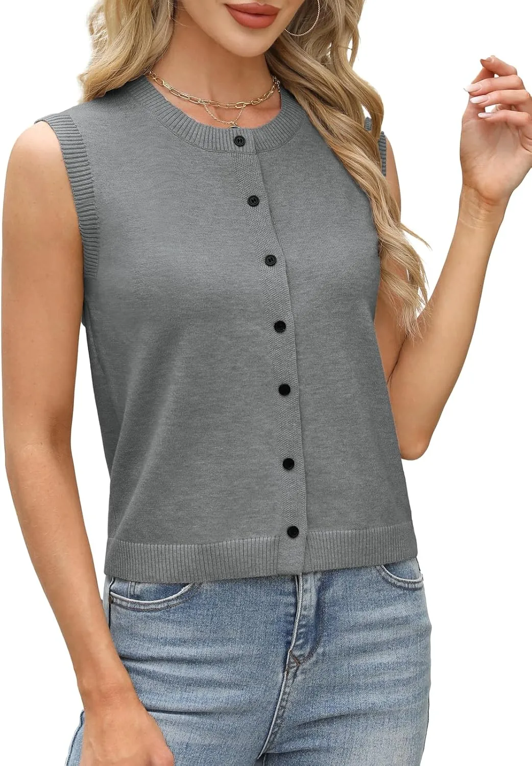 Womens Sweater Vest Summer Crewneck Button Down Tank Tops 2025 Trendy Sleeveless Knit Cardigan Crop Tops