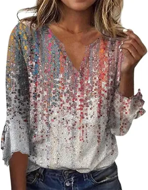 Womens Tops 3/4 Sleeve T Shirt Boho Floral Blouses Dressy Long Sleeve V Neck Shirts Business Casual Tunic