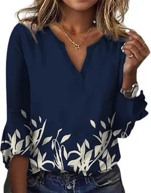 Womens Tops 3/4 Sleeve T Shirt Boho Floral Blouses Dressy Long Sleeve V Neck Shirts Business Casual Tunic