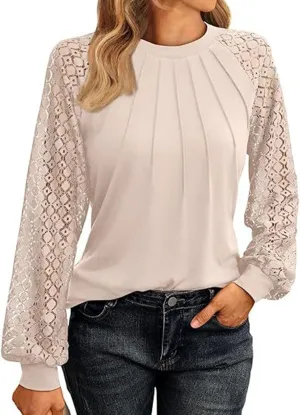Womens Tops Dressy Business Casual Blouses Cute Soft Lace Shirts Long Sleeve Crew Neck Work Shirts Fall Clothes