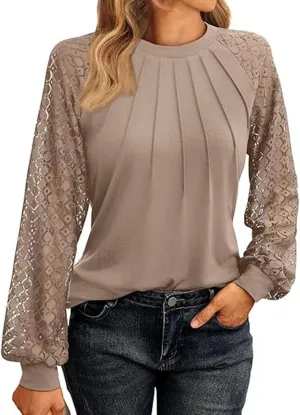 Womens Tops Dressy Business Casual Blouses Cute Soft Lace Shirts Long Sleeve Crew Neck Work Shirts Fall Clothes
