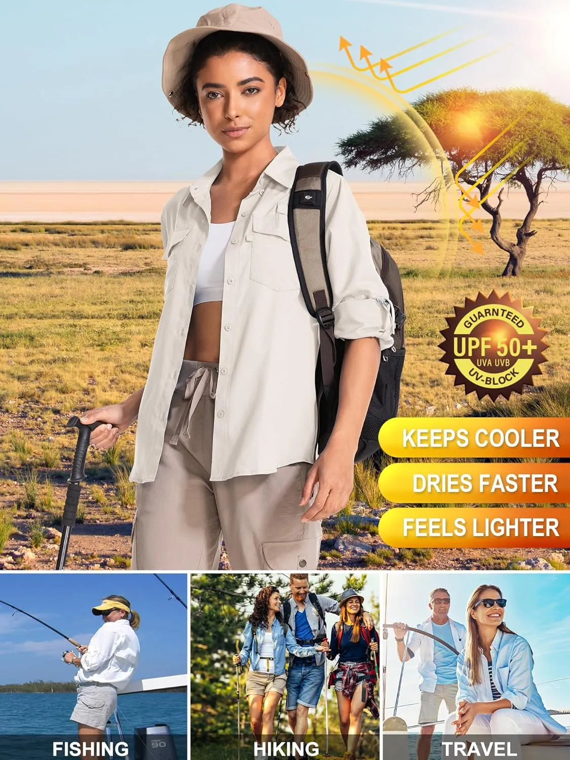 Women's UPF 50 UV Sun Protection Long Sleeve Safari Shirts Quick Dry Hiking Travel Fishing Outdoor Cool Shirts