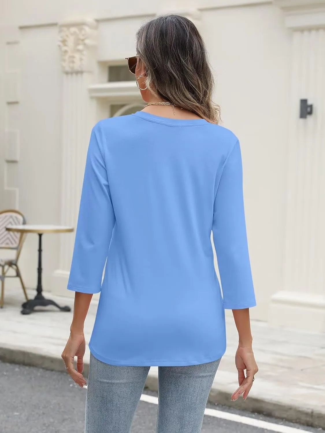 Women's V Neck 3/4 Sleeve Tops Solid Shirts Casual Summer Tees