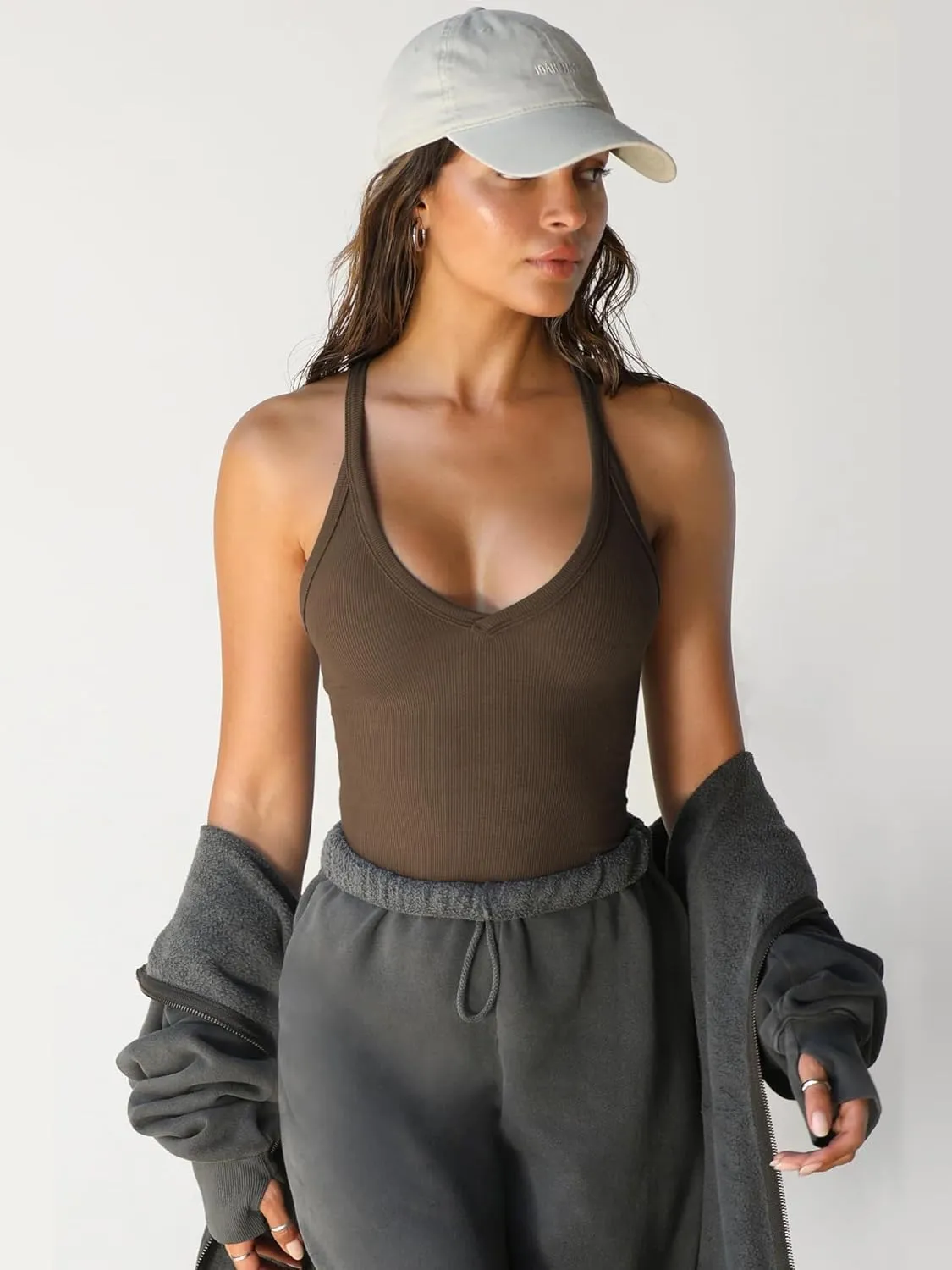 Womens V-Neck Basic Tank Tops Workout Summer Ribbed Camisole Slim Fit Sleeveless Tops