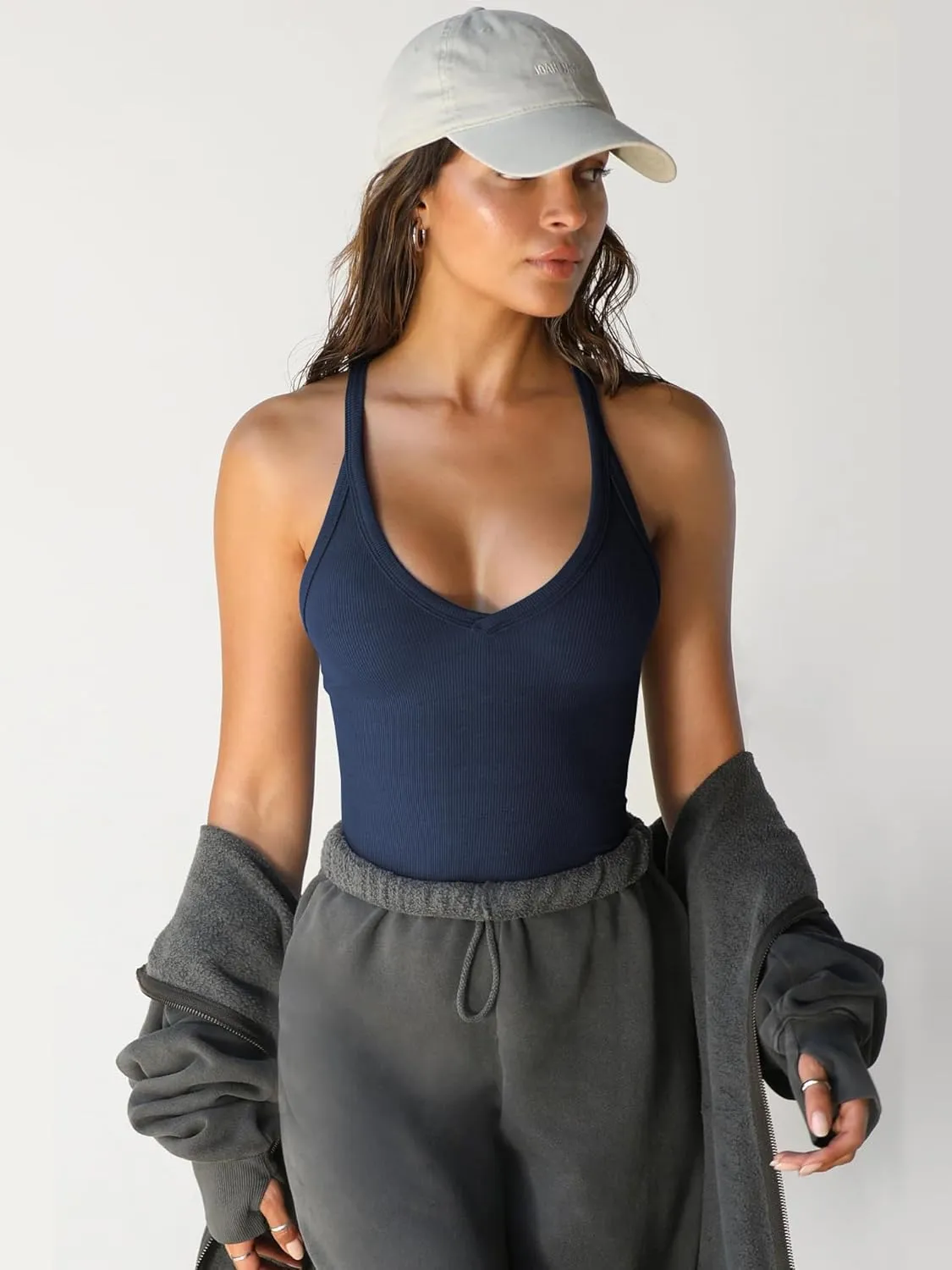Womens V-Neck Basic Tank Tops Workout Summer Ribbed Camisole Slim Fit Sleeveless Tops