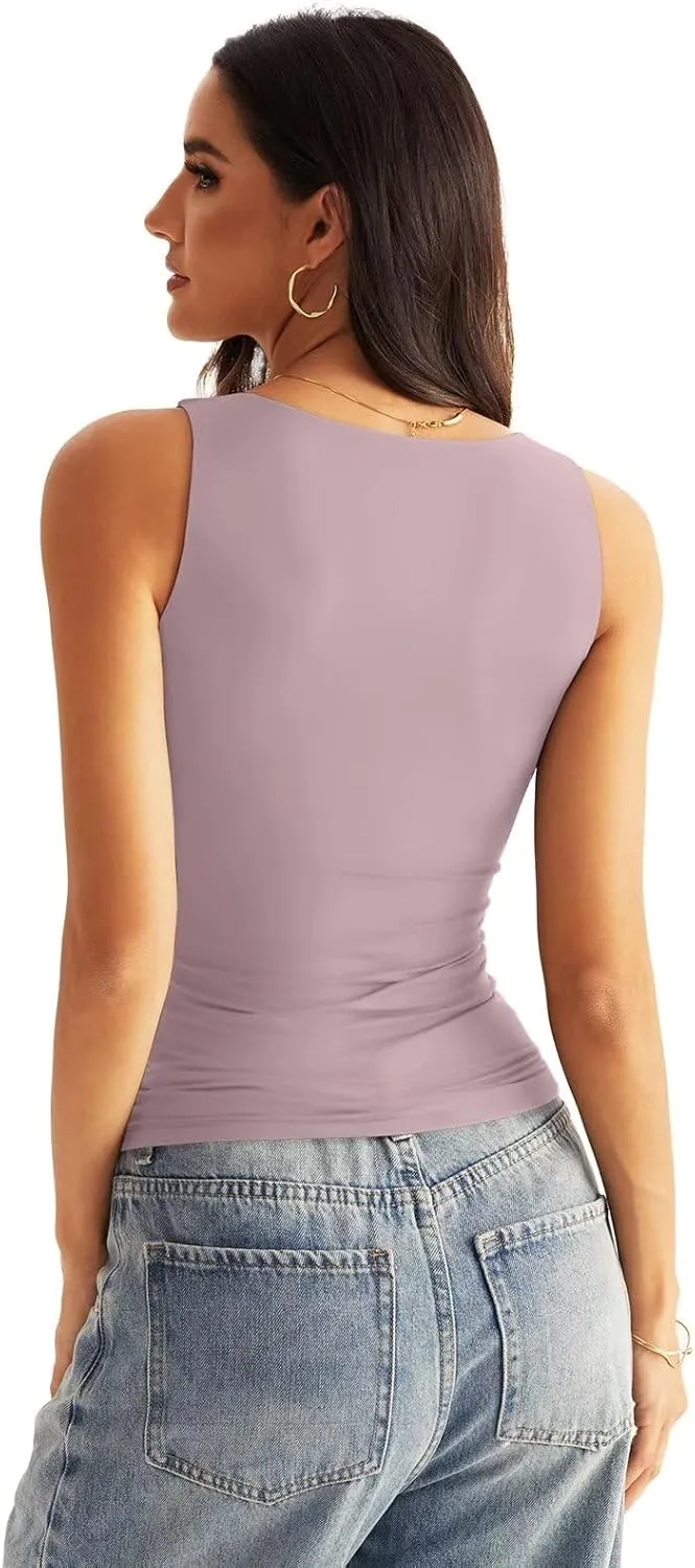 Womens V Neck Tank Tops Sleeveless Double Lined Basic Tops Slim Fit Summer Shirts 2025