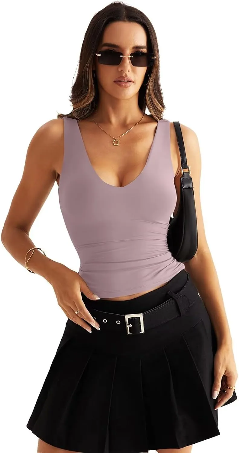 Womens V Neck Tank Tops Sleeveless Double Lined Basic Tops Slim Fit Summer Shirts 2025