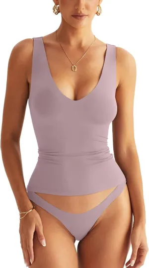 Womens V Neck Tank Tops Sleeveless Double Lined Basic Tops Slim Fit Summer Shirts 2025