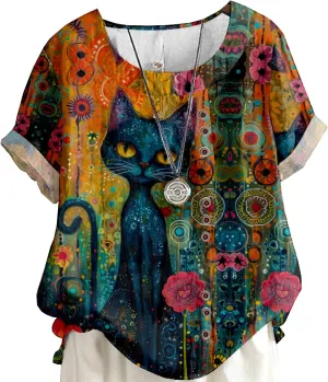 Women's Vintage Linen Tops Short Sleeve Boho Summer Graphic Tees Tunic Shirts Casual Loose Button Blouses