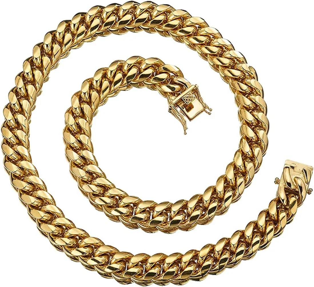 WXP 18K Gold Plated Curb Cuban Link Chain Necklace or Bracelet for Men Women 6/8/10/12/14/18mm Heavy Duty Stainless Steel Gold Chain Jewelry