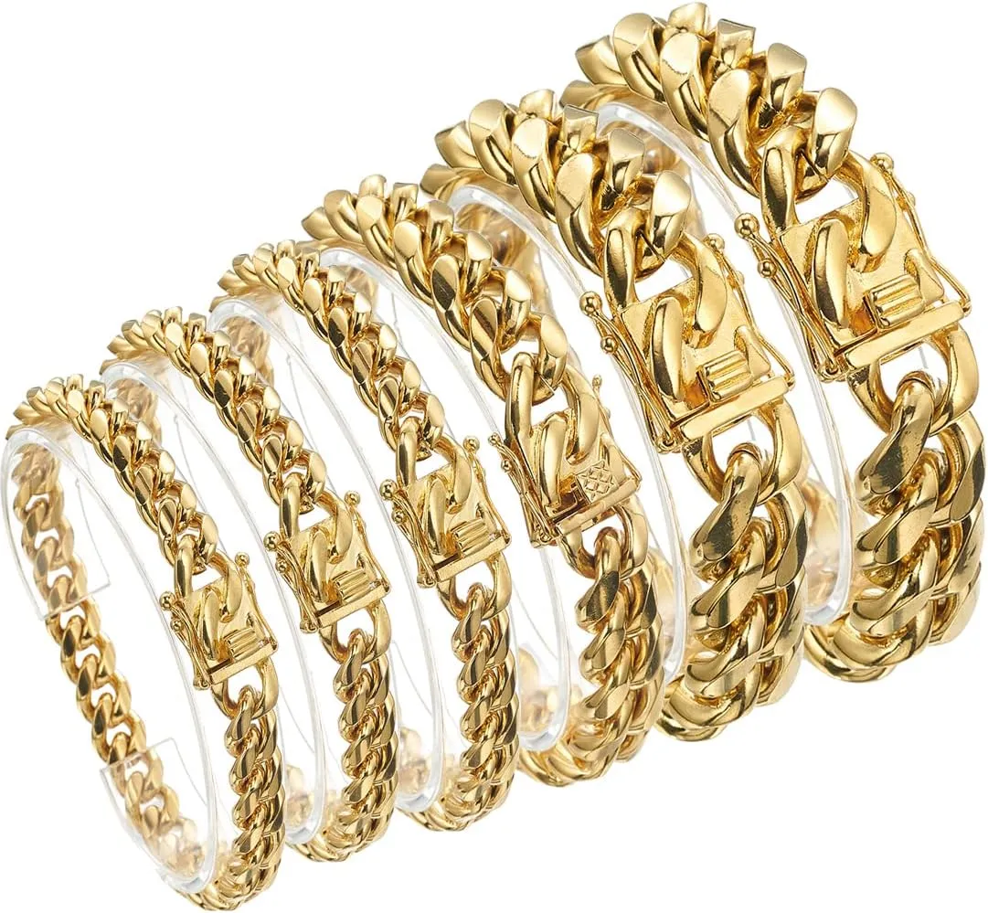 WXP 18K Gold Plated Curb Cuban Link Chain Necklace or Bracelet for Men Women 6/8/10/12/14/18mm Heavy Duty Stainless Steel Gold Chain Jewelry